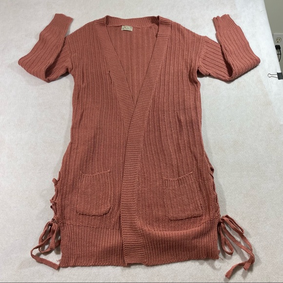 Boho Poof Long Line Open Cardigan Sweater Lace up Sides Long Sleeve Sweater Med - Picture 10 of 10